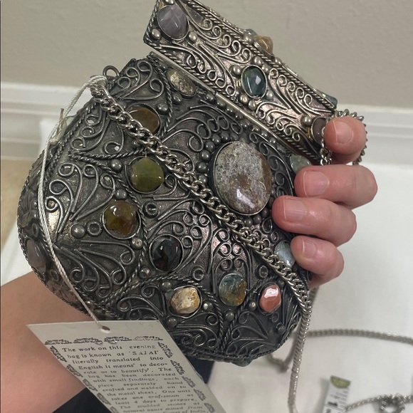 Vintage Metal Purse Sajai With Natural Agate Stones Long Chain mini bag - Picture 11 of 16